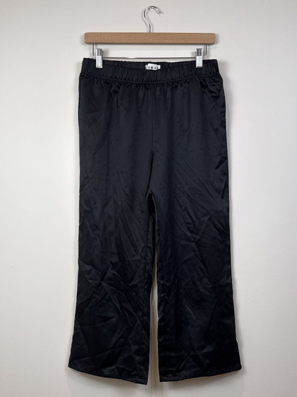 KIKIT Womens Black Satin Wide Leg Pants Elastic Waist Medium Pull On Trousers